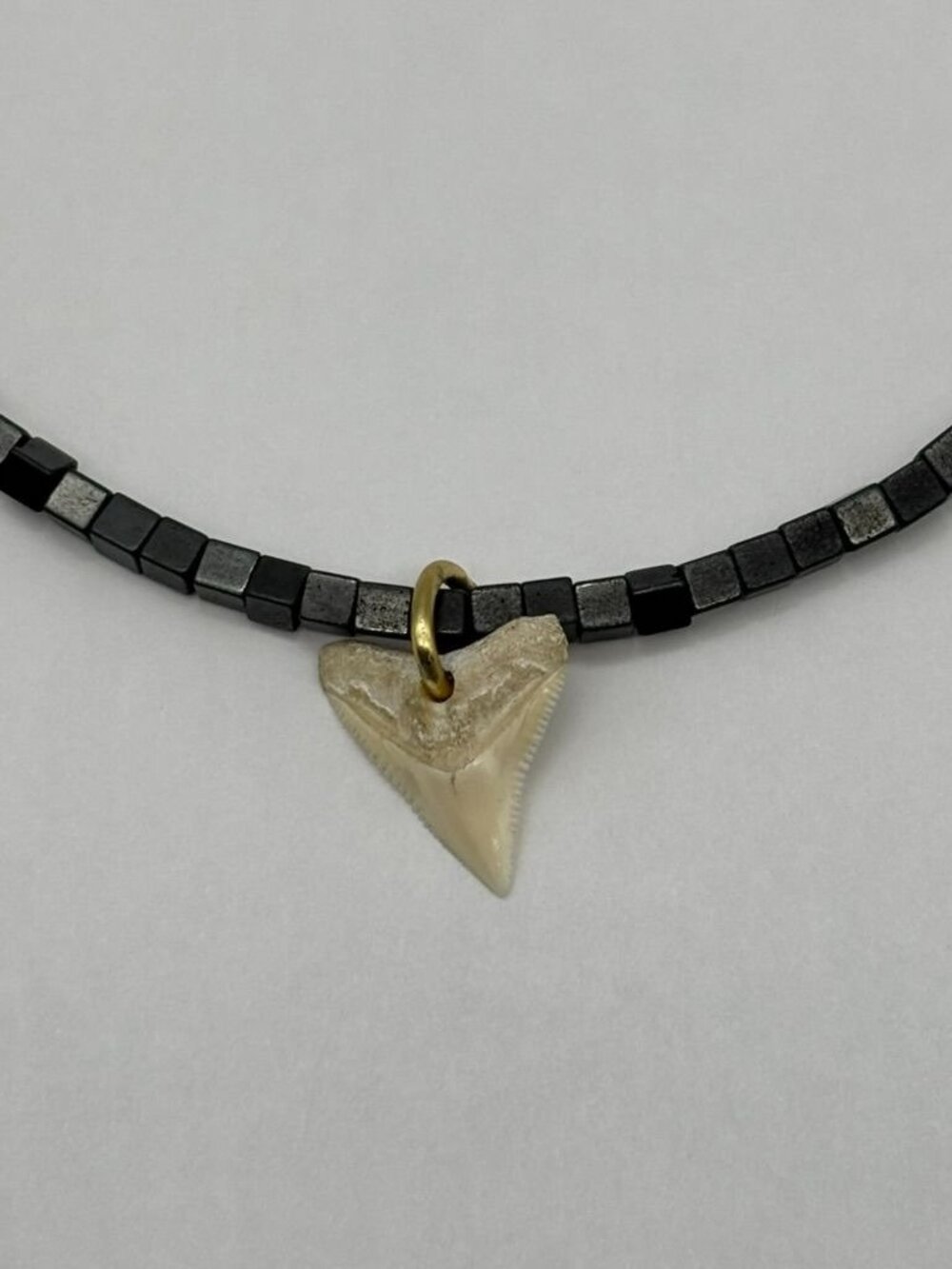 Vintage Surfer Style Shark Tooth Necklace Matte Black Cube Beads Barrel Clasp
